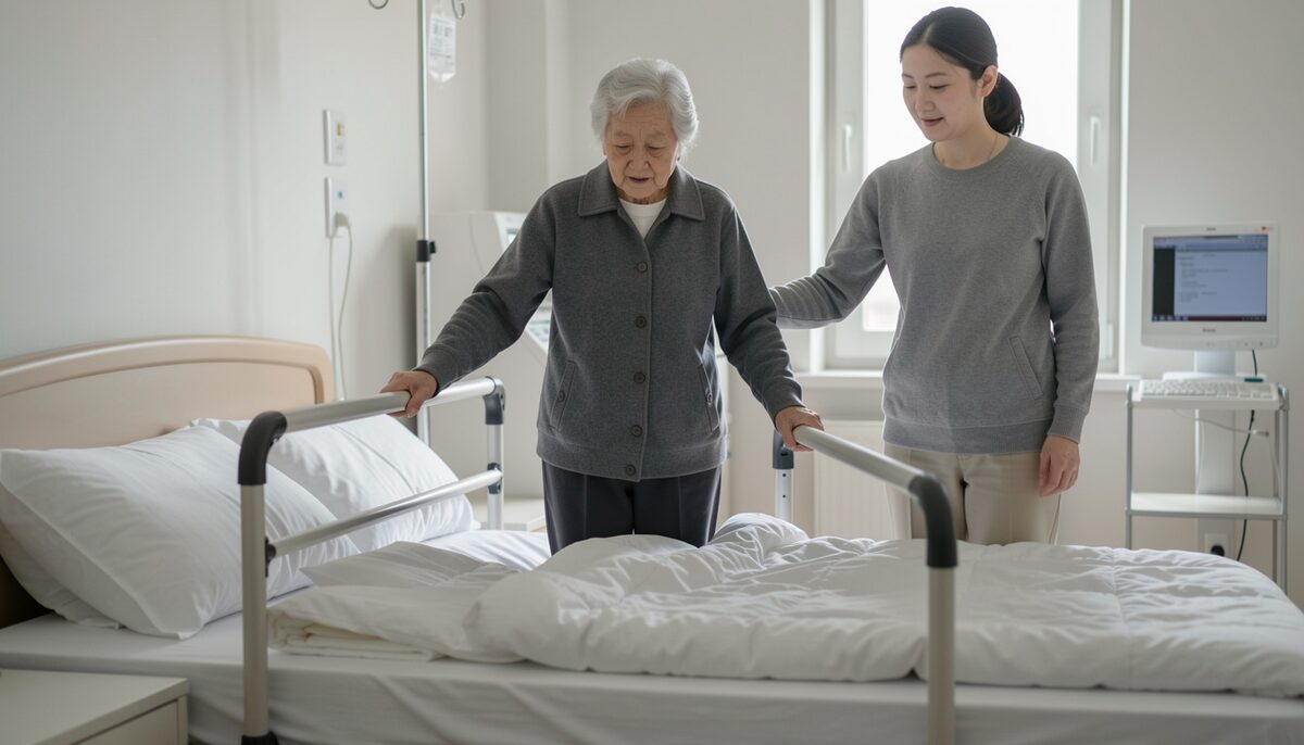 高齢者がベッドから立ち上がり、手すりを使って歩き出す様子を介助者が見守る場面