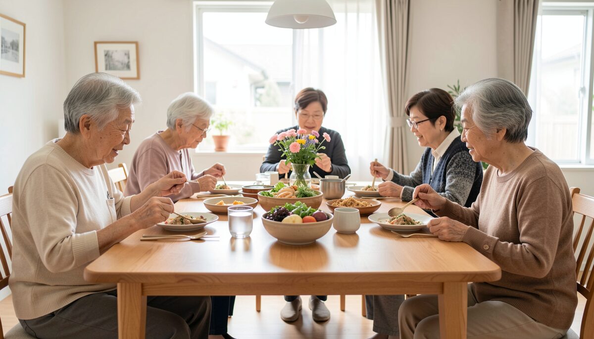 家族が高齢者の隣に座り、食事の準備を一緒に進めている明るいダイニング