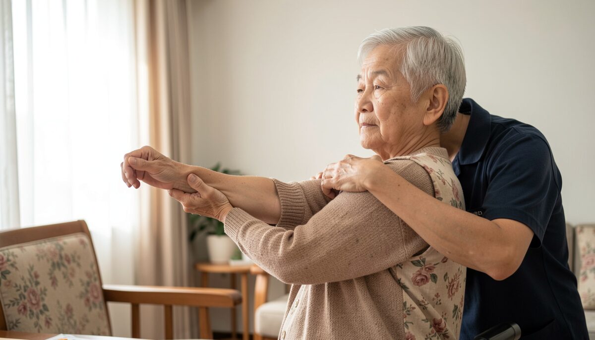 介助者が高齢者の腕を支えながらゆっくりと肩の関節を動かしている場面