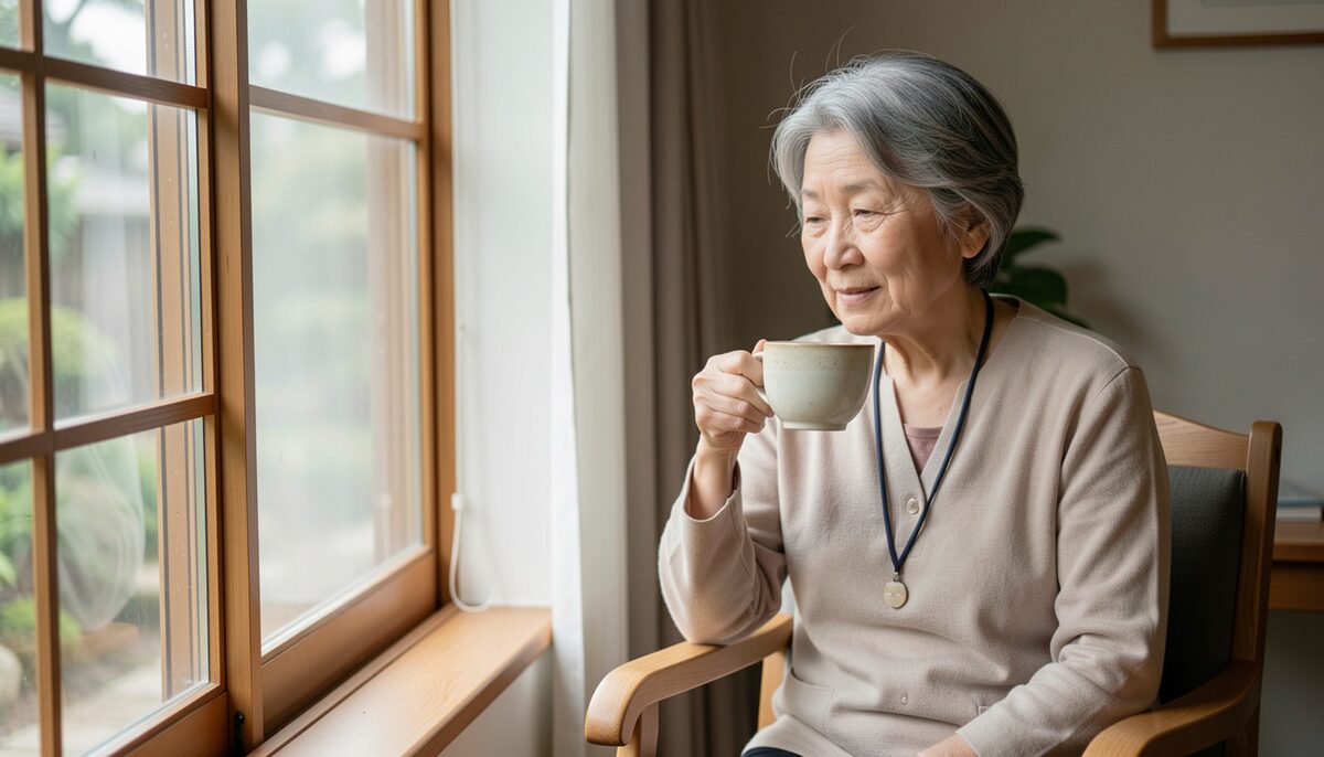 介護者が窓辺でお茶を飲みながら一息ついている静かな午後の室内